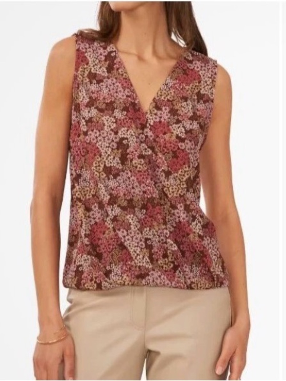 Halogen Floral Sleeveless V-Neck Top in Burgundy and Pink